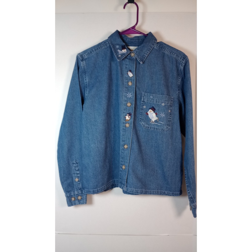 Christopher & Banks Shirt Snowmen Embroidered Denim Women's Size S Cottagecore